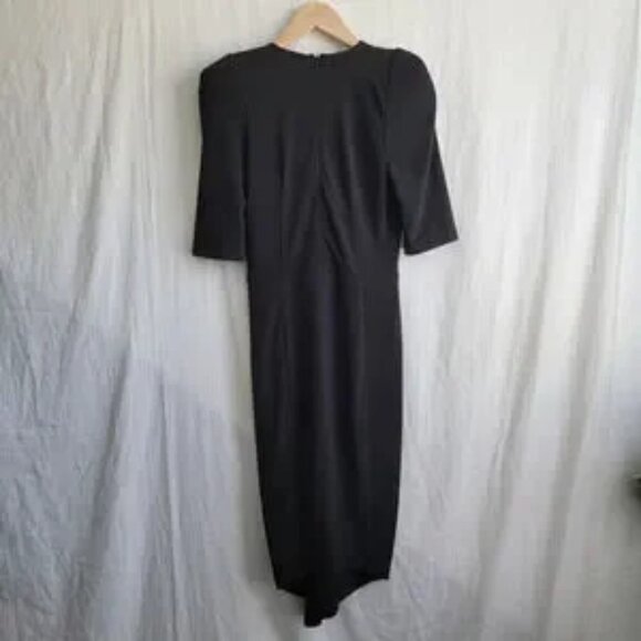 Zhivago Black Deep V Neck Knee Length Bodycon with Shoulder Pads Dress Size 6 - Picture 2 of 7